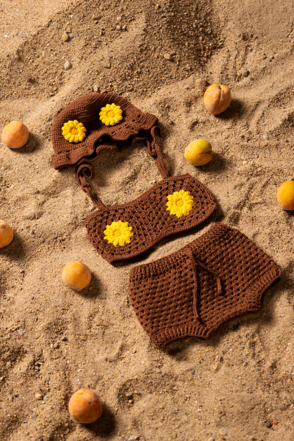 Choco Sunflower 3-Piece Co-ord Set (Top, Shorts & Cap)
